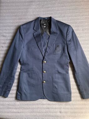 H&M 34R Rare Navy Blue Preppy Blazer with Crest Patch